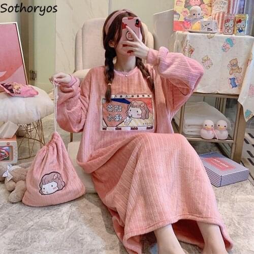 Nightgowns Women Long Sleeve Casual Sleepwear Calf Length O-neck Flannel Chic Loose Sweet Winter Home Lounge Wear Fluffy Lovely