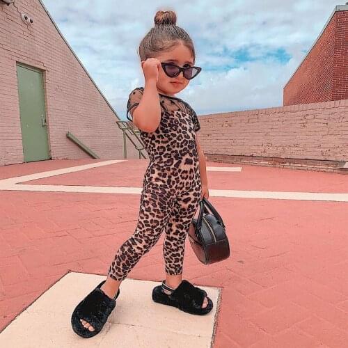 Newest 2 Pcs Infant Summer Outfits Baby Girls See-through Mesh Star Print Short Sleeve Round Neck T-shirt+Leopard Overalls