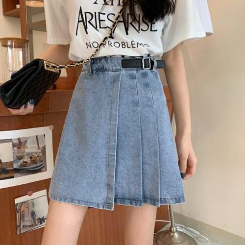 Pleated skirt Irregular Cut Out High Waisted Skirts Womens Casual Blue Denim Mini Skirts Ladies Fashion Korean Jeans Short Skirt