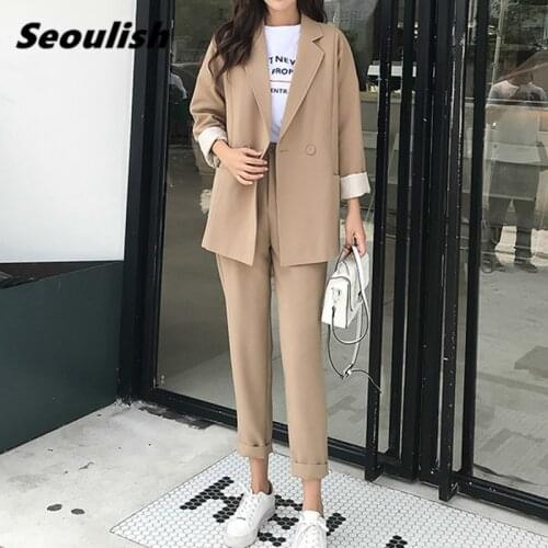 Seoulish Spring Summer 2021 New Womens Pant Suits Double breasted Loose Blazer Jacket & Button Pants Female Office Suits Sets