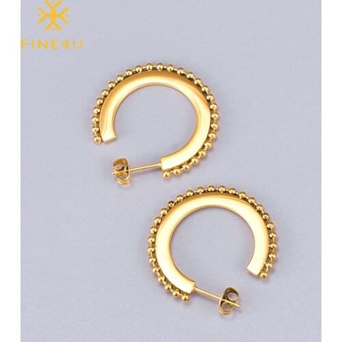 FINE4U E267 Gold Color Chunky Open Hoop Earrings Stainless Steel Wide Flat C-Hoop Earrings for Women Girls