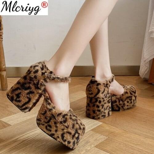 Womens Round Toe Leopard Furry Fur Mixed Colors Platform Pumps Block High Heel Shoes Lolita Cosplay Sexy Halloween New 2021