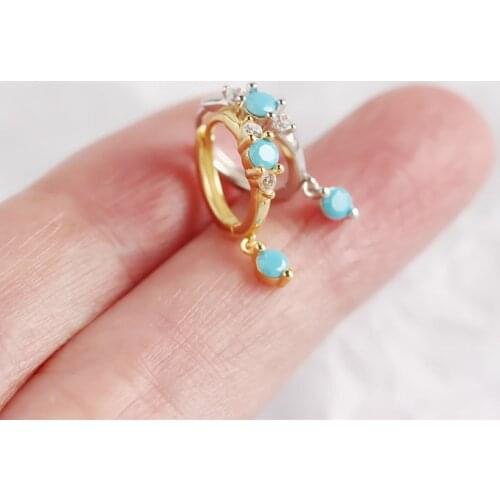 WTLTC Blue Color Turquoises Stone Hoop Earrings for Women 925 Sterling Sliver Hanging Hoops Earrings New Drop Charms Earrings