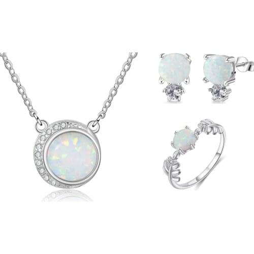 Silver Color Jewelry Sets Created White Opal Necklaces Rings Earrings Cubic Zirconia Fashion Jewelry Sets for Women Wedding