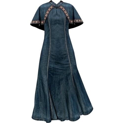 Vintage embroidered cloak denim dress women stand collar slim high waist backage hip trumpet mermaid long dress