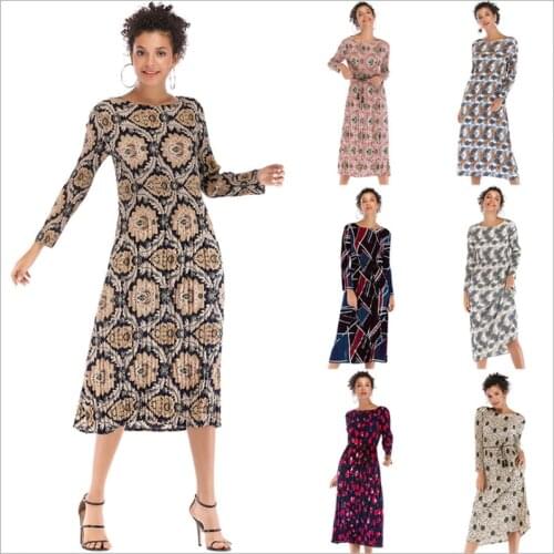 2021 Autumn New Ladies Dress Chiffon Geometric Print Long-sleeved Waist Fashion Casual Mid-length Skirt Woman Clothing WE449
