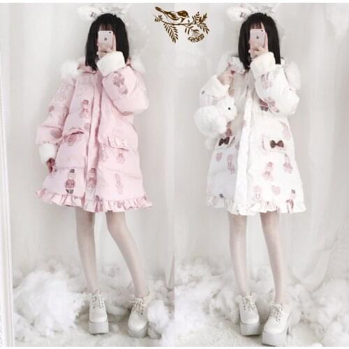 Winter new Women Sweet Lolita Coat Pink White Bear Print Cartoon Jackets Kawaii Cute Girl Outfit with Hooded Long Parkas
