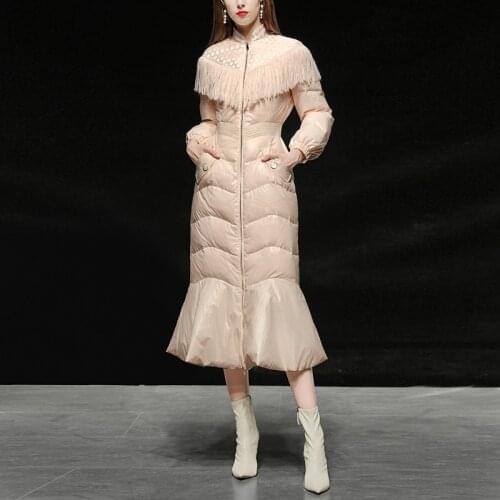 Winter Long Skirt Style Thick Warm White Duck Down Coat Female Stand Collar Tassel Stitching Design Warm Coats Parkas F2624