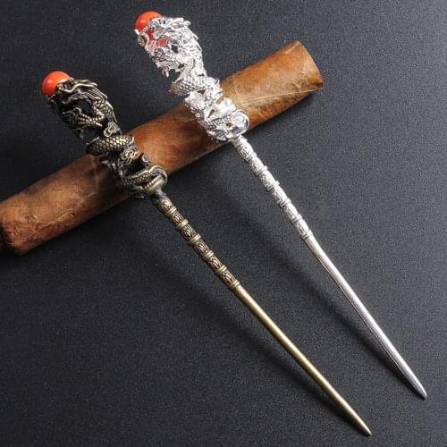 1PCS Dragon Totems Brass Cigar Dredge Cigar Pass Needle Portable Punch for Smoker Loose Cigarette Drilled Wholesale Bronze White