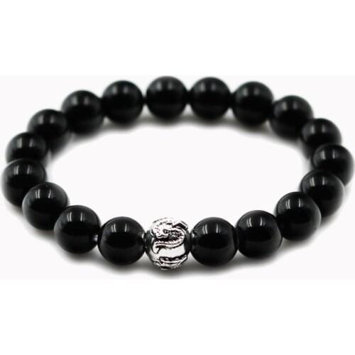 10mm Width Black Onyx Beads and Silver Plated Dragon Karma Bead Bracelets, European Most Fashion Bracelet Jewelry Gift For Men