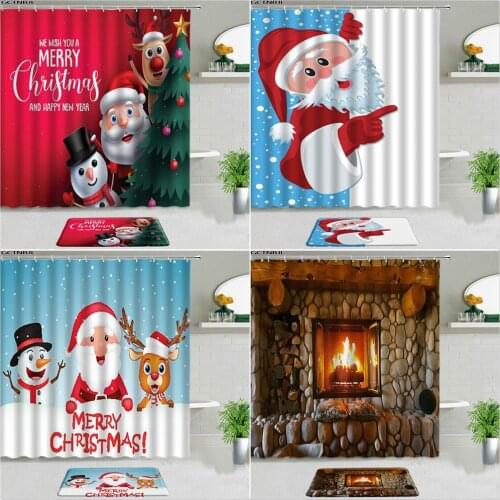 2pc Christmas Cartoon Shower Curtain Set Bath Mat Funny Santa Claus Snowman Elk Fireplace Holiday Bathroom Decor Non-slip Carpet