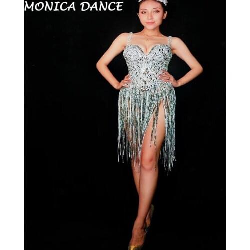 Sexy Stage Shining Silver Crystals Fringes Bodysuit See Through Birthday Celebrate Mesh Outfit Party Dance Female Singer Costume