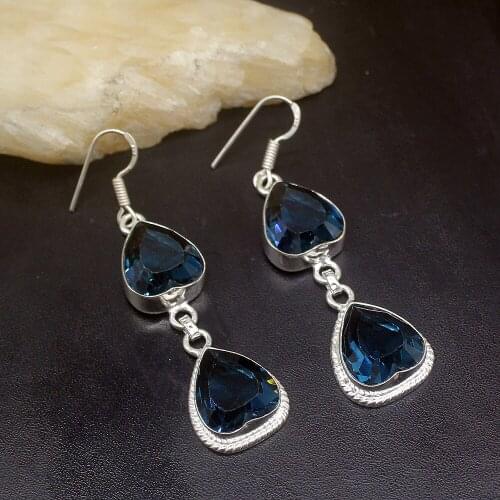 Gemstonefactory Big Promotion Unique 925 Silver Heart Shape Blue Topaz Women Ladies Gifts Dangle Drop Earrings 20211926