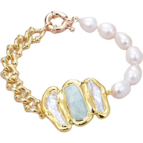 GG Jewelry Natural Cultured White Rice Pearl Amazonite Biwa Pearl Chain Bracelet 8" Vintage Style For Women