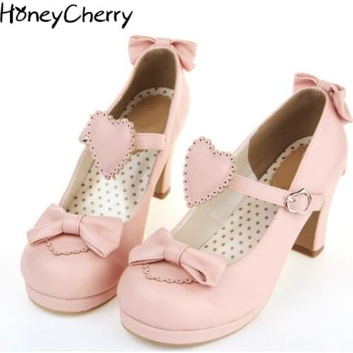 The new high-heeled cute bow tie sweet lolita girls love solid round princess shoes more softer pumps