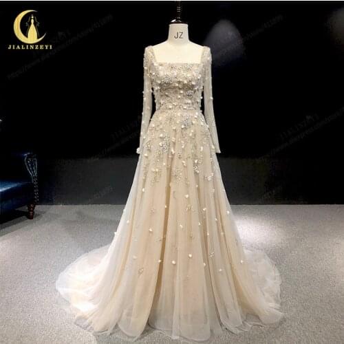 JIALINZEYI Rhine real Pictures long sleeves Champange beads crystal A-line платье 2021 evening dresses long