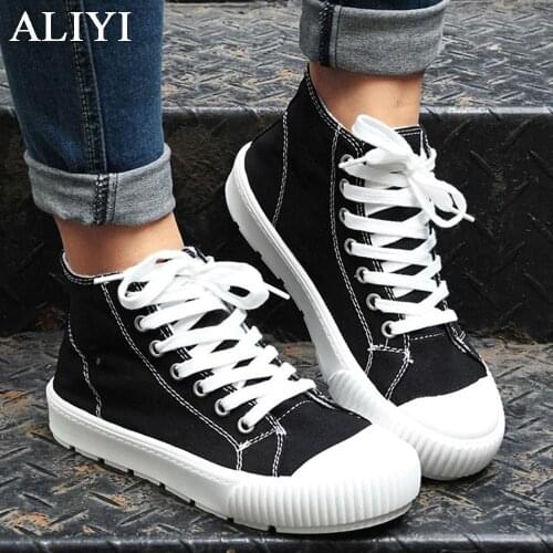 High Top Canvas Shoes Women 2021 Autumn New Round Toe Comfy Lace Up Casual Flats 36-42 Large-Sized Running Walking Sneakers