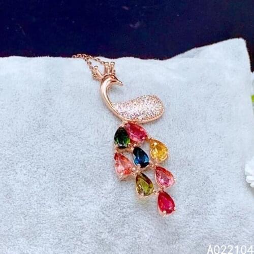 KJJEAXCMY fine jewelry 925 pure silver inlaid natural rainbow tourmaline women vintage peacock gem Pendant Necklace support dete