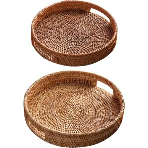 Rattan Snack Storage Tray Round Basket Hand Woven Decor Bread Fruit Food Display 37MF