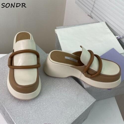 Fashion Thick Bottom Ladies Mules 2021 Summer Platform Women Slippes Genuine Leather Slip On Sandals Casual Vacation Shoes Woman