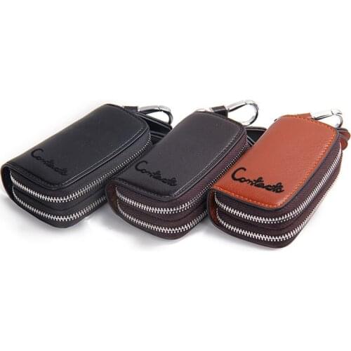 Classic Retro New Double Zip Mens Genuine Cow Leather Car Key Holder Multifunction Housekeeper High Class Motor Key Case