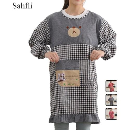 Pure Color Cartoon Printed Simple Style Home Adult Overalls Thin Fashion Cotton Kitchen Antifouling Sleeved Apron with Pockets