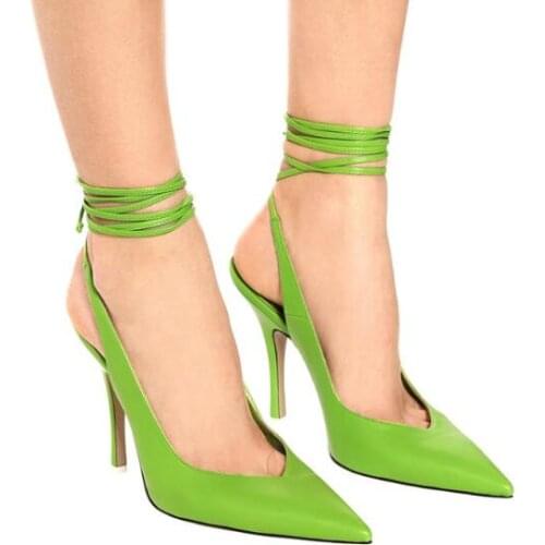 Sexy Woman Pink Green Red Blue Candy Color Slingback Sandals Pointed Toe Silk Shallow Lace Up Stiletto Heels Sandals Shoes