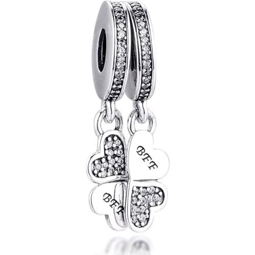 Fits Pandora Bracelets 925 Sterling Silver Best Friends Forever Dangle Charms Clear CZ Beads DIY Jewelry Making Gift for Women