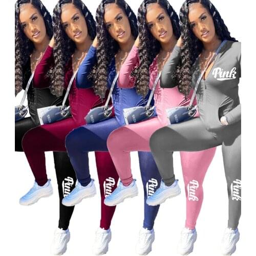 Casual Workout Fitness Tracksuit Woman Two Piece Sets 2021 Pink Letter Print Skinny Jackets Tops and Elastic Skinny Legging Suit