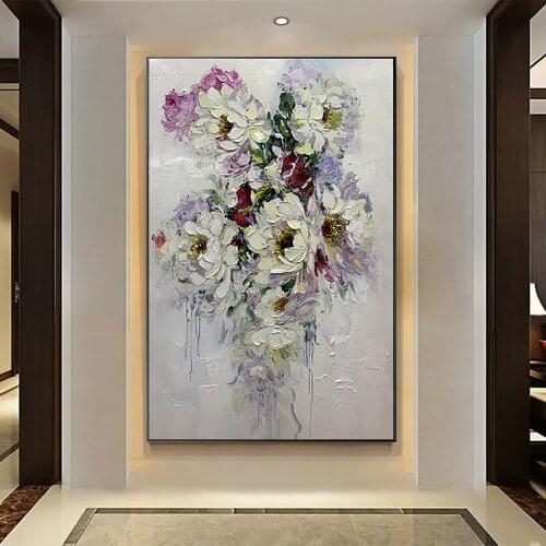 Hand-Painted White Flowers Thick Oil Painting On Canvas Wall Art Decoration For Living Room Floral Paintings Wall Decor Unframed