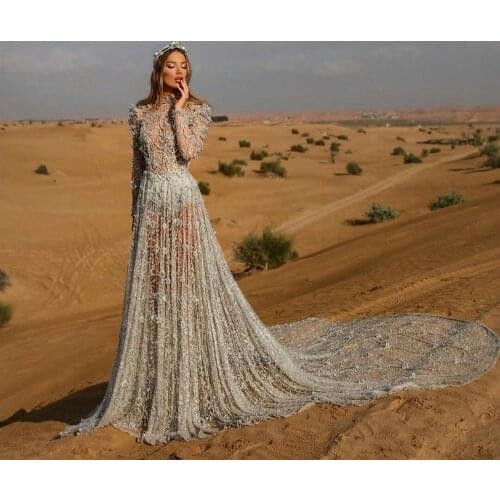 Sexy Illusion Backless Evening Dresses 2020 Beaded Lace High Neck Prom Dress Long Sleeve Custom Made Formal Robe De Soiree