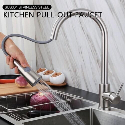 Stainless Steel Kitchen Faucets Silver Single Handle Pull Out Kitchen Tap Single Hole Handle Swivel 360 Degree Water Mixer Tap
