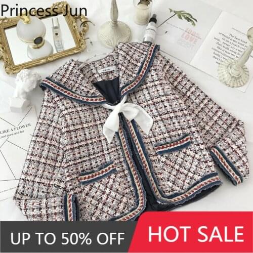 New Autumn Women Fashion Short Jackets Sailor Collar Retro Plaid Elegant Cotton Blend Coat Vintage Sweet Bowtie Cardigan Outwear