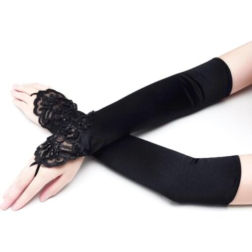 Ladies Elegant Long Bridal Glove Sheer Beading White Lace Fingerless Satin Gloves for Bride Weeding Accessoire vestidos de novia