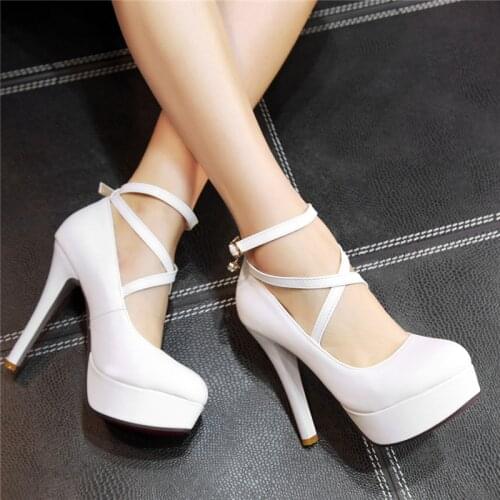 YMECHIC 2018 Summer Cross Tied Mary Janes High Heel Pumps Women White Black Large Size Ankle Strap Platform Heels Dress Shoes
