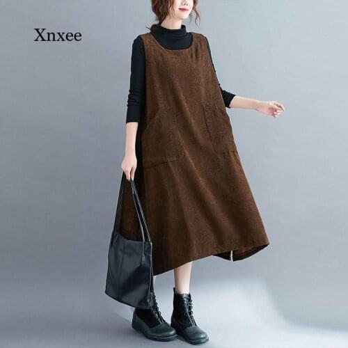 2021 Sleeveless Dress Overalls Corduroy Strap Pockets Korea Design Preppy Style Outwear Chic Plus Size Women Casual Spring Robe