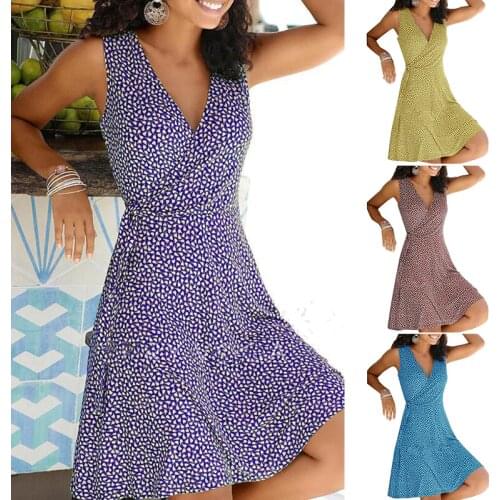 Summer Dress Print Sleeveless A-line Knee Length Casual Vacation Dresses For Women V-shape Collar Платье Летнее Женское 2021