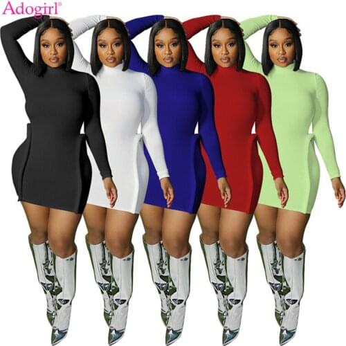Adogirl Steric Ribbon Knitting Ribbed Mini Dress 2021 Autumn Winter Women Turtleneck Long Sleeve Bodycon Casual Dresses Clubwear