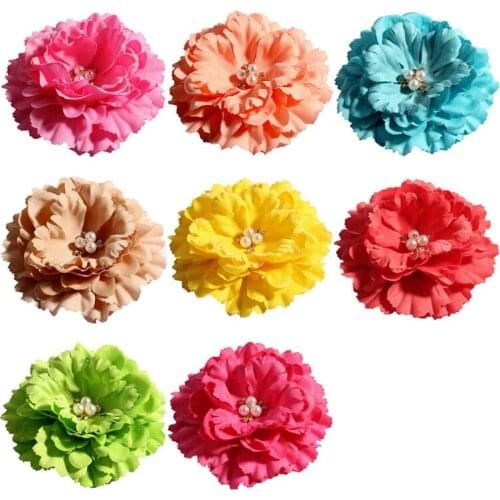 120pcs/lot 11cm 20colors Hair Clips Peony Flowers With Pearl Buttons For Girls Hair Accessories Fabric Flowers For Headbands DIY