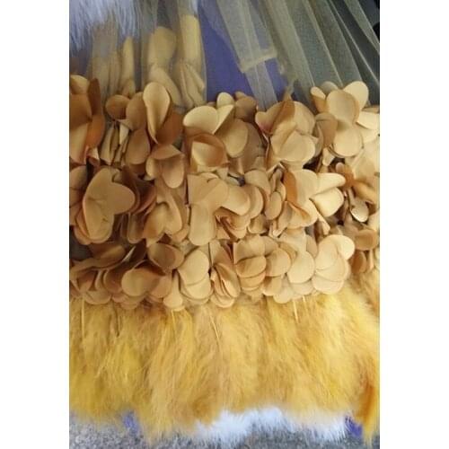 9 yards yellow royal blue black 3D fabric with 3D flowers and 3D feather trim, bridal wedding decoration costumes accessories