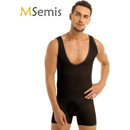 Mens Bodystocking Gay Body suit One Piece Stretch Mesh See Through Sheer Mens Lingerie Scoop Neck Jockstrap Jumpsuits Underwear