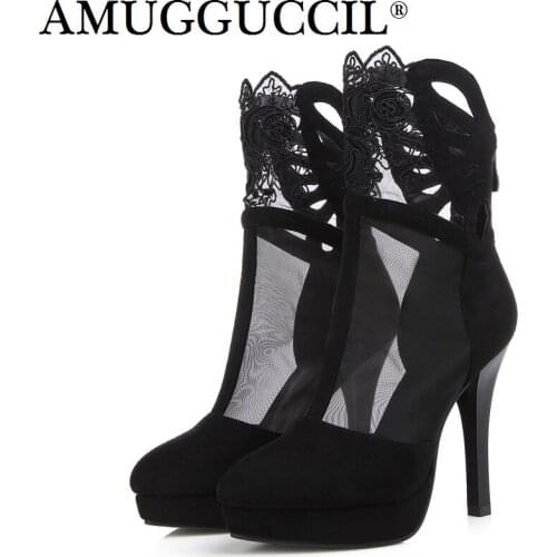 Black Zip Lace Fashion Sexy High Heel Platform Spring Summer Girls Females Ladies Women Boots X1696