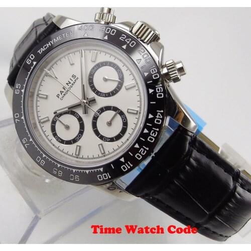 Chronograph 39mm Parnis Quartz Wristwatch Mens Stop Watch White Dial Leather Strap Sapphire Glass Luminous Hands Marks