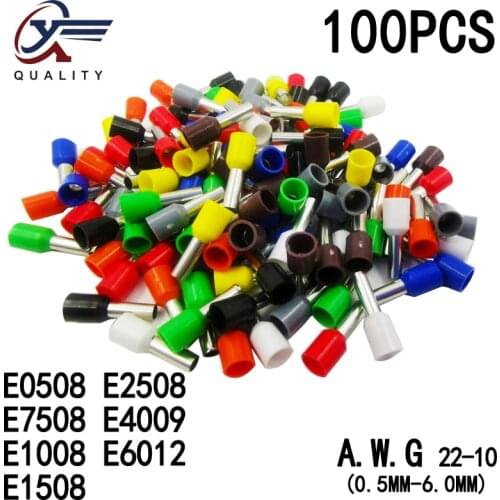 100pcs/Pack E0508 E7508 E1008 E1508 E2508 Insulated Ferrules Terminal Block Cord End Wire Connector Electrical Crimp Terminator