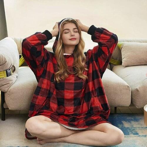 Red Plaid Oversized Hoodies Sweatshirt Women Winter Hoodies Fleece Giant TV Blanket With Sleeves Pullover men Hoody homewear