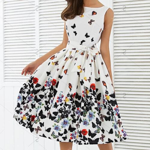 Summer Fashion Women Butterfly Floral Vintage Pleat Swing Dresses Sleeveless Zipper Sashes Dress Retro Party Dresses