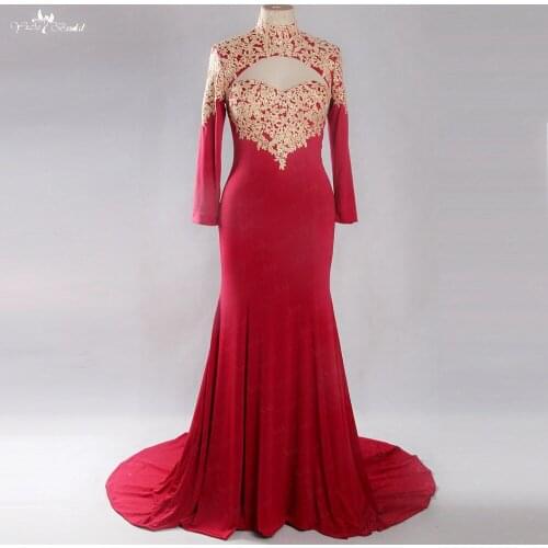 LZF035 Elegant Women Lace Floral Red Dresses Cut Out High Neck Prom Female Party Dresses
