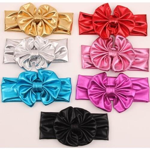Metallic colors leather children baby girls big elastic hair bows head wraps turban bands bandana headband headbands accessories