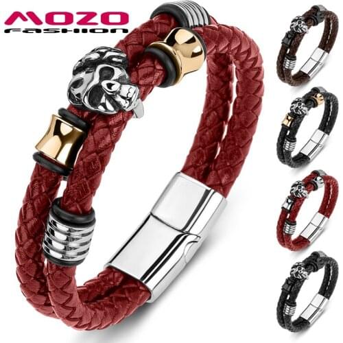 MOZO FASHION 2020 Men Bracelet Braided Genuine Leather Stainless Steel Rose Skull Bracelet Punk Bangle Skeleton Jewelry Gift 190