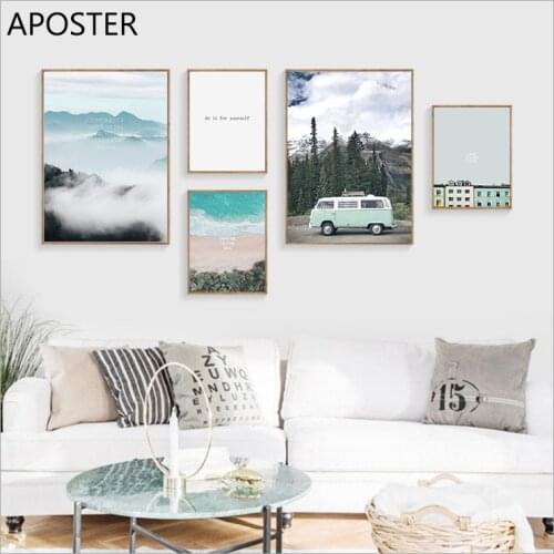 Mountain Lake Landscape Canvas Poster Nordic Beach Blue Bus Wall Art Print Painting Decoration Picture Scandinavian Home Decor